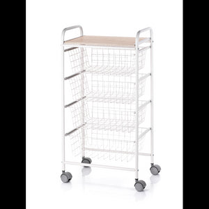 Carrello da Cucina FIESTA con 4 Cestelli Estraibili – Mobile Ausiliario Multiuso, Bianco e Faggio