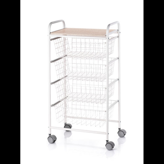 Carrello da Cucina FIESTA con 4 Cestelli Estraibili – Mobile Ausiliario Multiuso, Bianco e Faggio