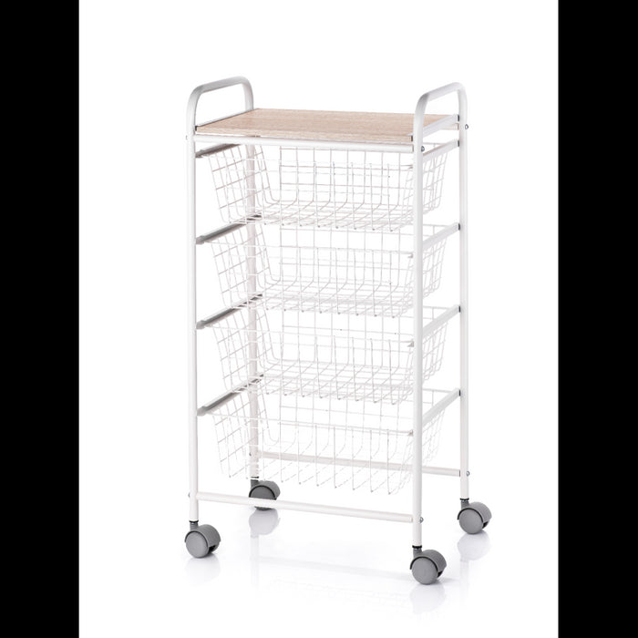 Carrello da Cucina FIESTA con 4 Cestelli Estraibili – Mobile Ausiliario Multiuso, Bianco e Faggio