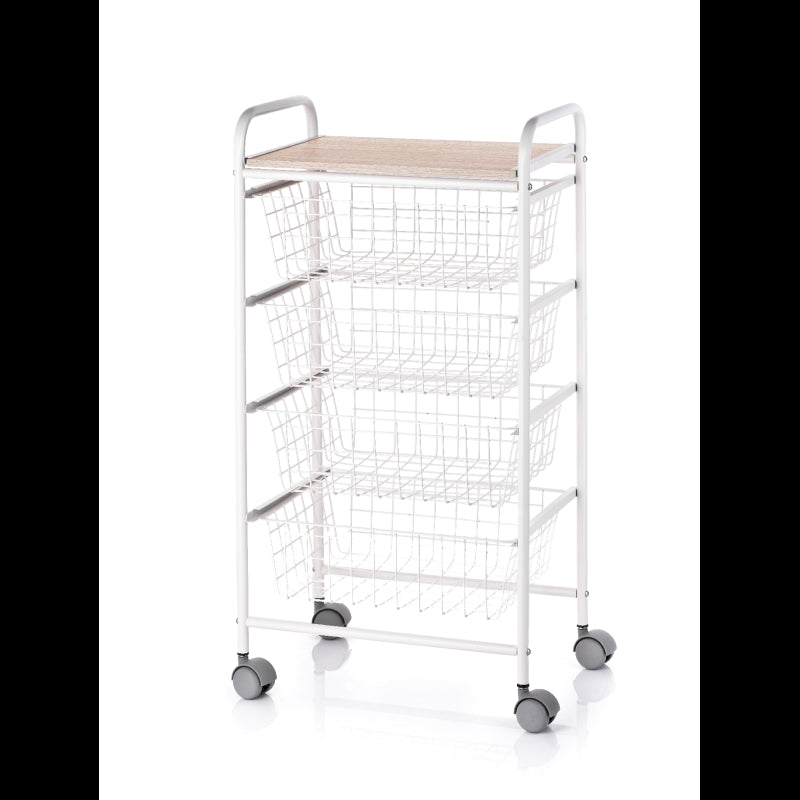 Carrello da Cucina FIESTA con 4 Cestelli Estraibili – Mobile Ausiliario Multiuso, Bianco e Faggio