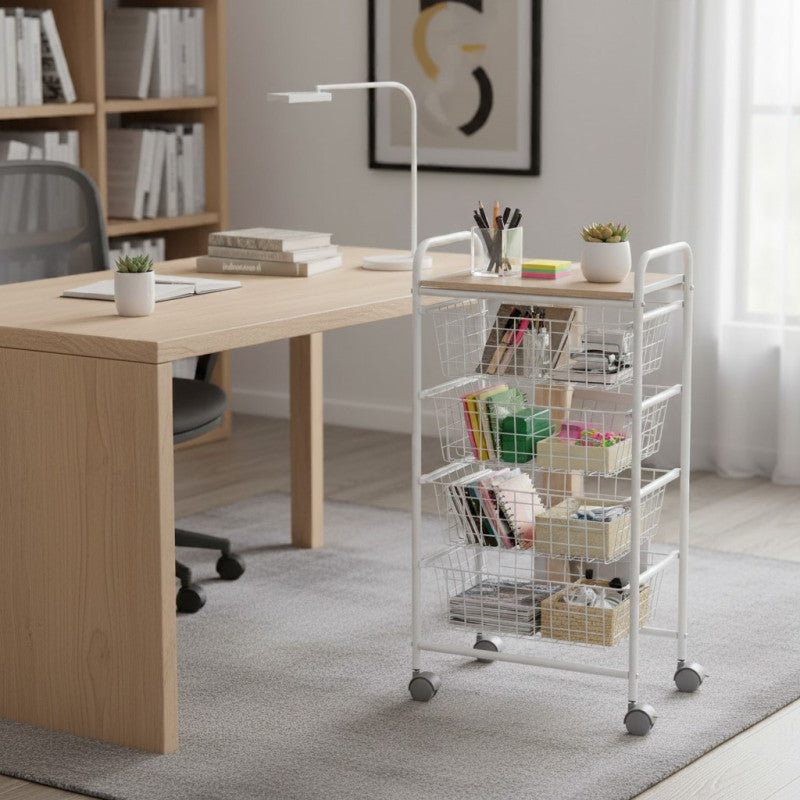 Carrello da Cucina FIESTA con 4 Cestelli Estraibili – Mobile Ausiliario Multiuso, Bianco e Faggio