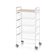 Carrello da Cucina FIESTA con 4 Cestelli Estraibili – Mobile Ausiliario Multiuso, Bianco e Faggio
