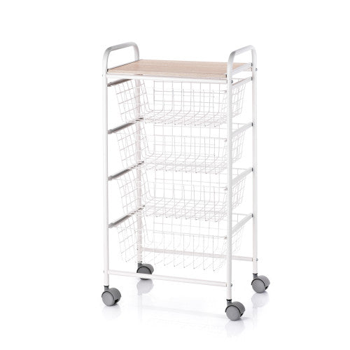Carrello da Cucina FIESTA con 4 Cestelli Estraibili – Mobile Ausiliario Multiuso, Bianco e Faggio