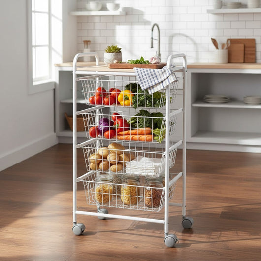Carrello da Cucina FIESTA con 4 Cestelli Estraibili – Mobile Ausiliario Multiuso, Bianco e Faggio