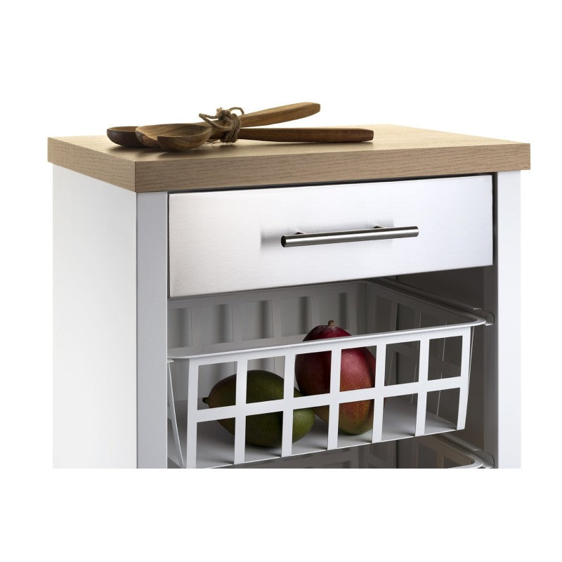 Carrello da cucina KARA bianco con cassetto, 3 cestelli e ripiano effetto legno