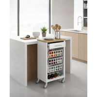 Carrello da cucina KARA bianco con cassetto, 3 cestelli e ripiano effetto legno