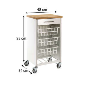 Carrello da cucina KARA bianco con cassetto, 3 cestelli e ripiano effetto legno