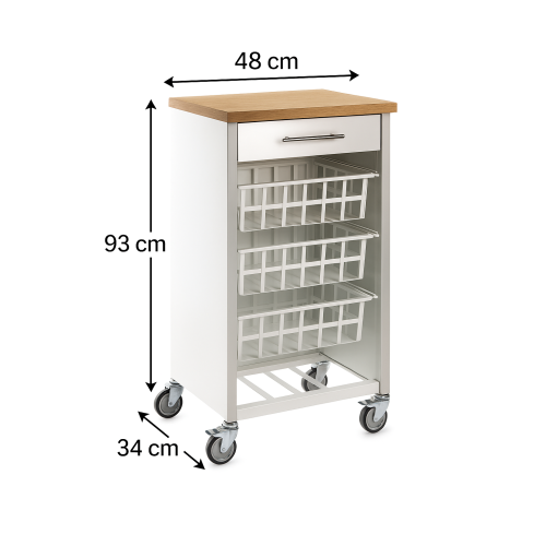 Carrello da cucina KARA bianco con cassetto, 3 cestelli e ripiano effetto legno