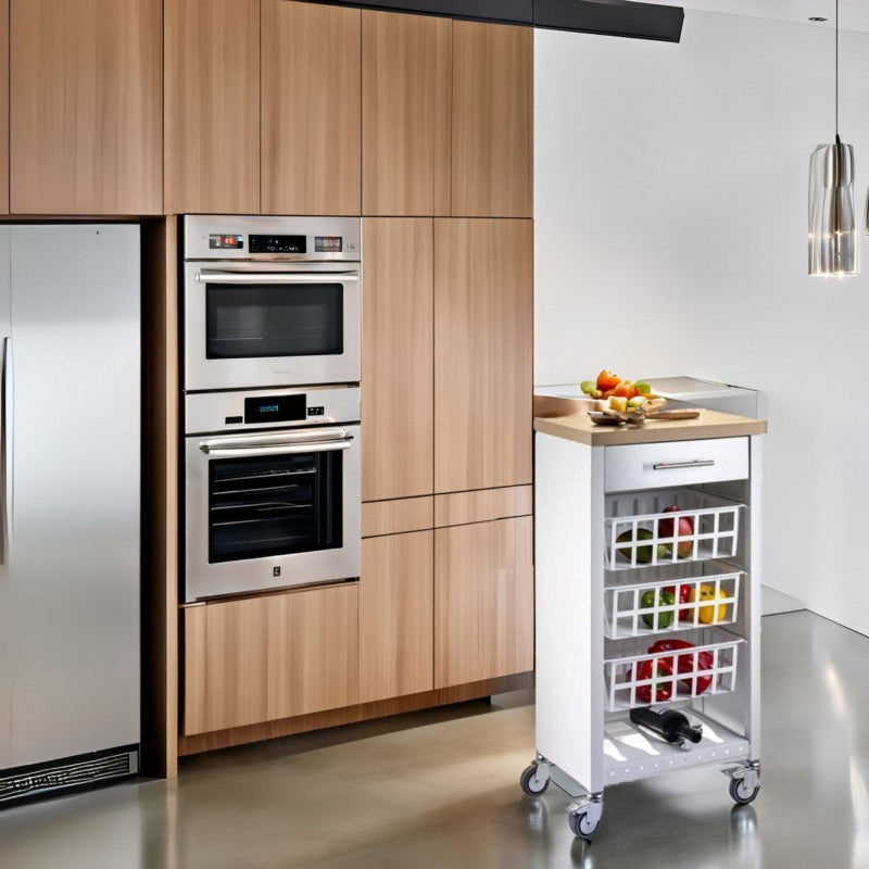 Carrello da cucina KARA bianco con cassetto, 3 cestelli e ripiano effetto legno