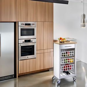 Carrello da cucina KARA bianco con cassetto, 3 cestelli e ripiano effetto legno