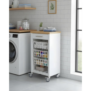 Carrello da cucina KARA bianco con cassetto, 3 cestelli e ripiano effetto legno