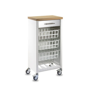 Carrello da cucina KARA bianco con cassetto, 3 cestelli e ripiano effetto legno