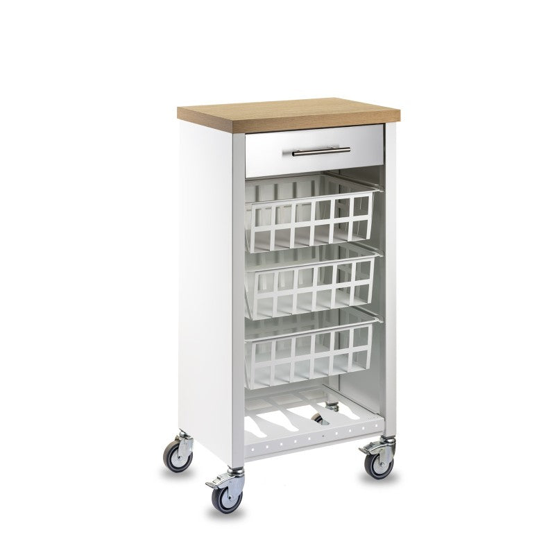 Carrello da cucina KARA bianco con cassetto, 3 cestelli e ripiano effetto legno