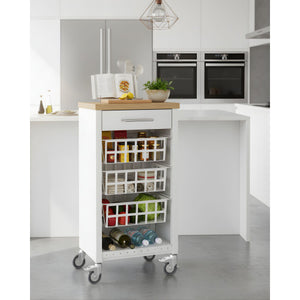 Carrello da cucina KARA bianco con cassetto, 3 cestelli e ripiano effetto legno