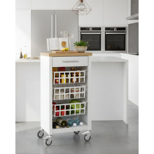 Carrello da cucina KARA bianco con cassetto, 3 cestelli e ripiano effetto legno