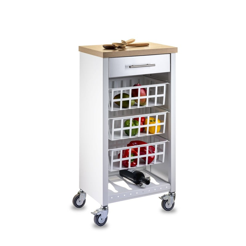 Carrello da cucina KARA bianco con cassetto, 3 cestelli e ripiano effetto legno