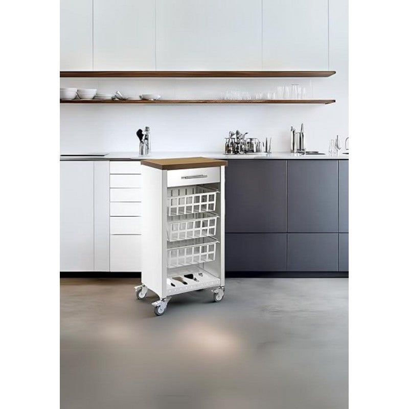 Carrello da cucina KARA bianco con cassetto, 3 cestelli e ripiano effetto legno