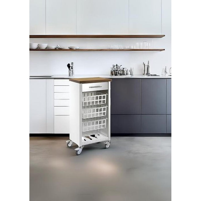 Carrello da cucina KARA bianco con cassetto, 3 cestelli e ripiano effetto legno