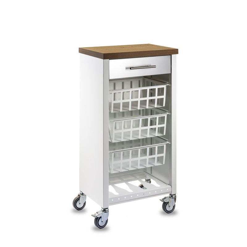 Carrello da cucina KARA bianco con cassetto, 3 cestelli e ripiano effetto legno