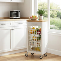 Carrello da cucina KARA bianco con cassetto, 3 cestelli e ripiano effetto legno