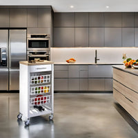 Carrello da cucina KARA bianco con cassetto, 3 cestelli e ripiano effetto legno