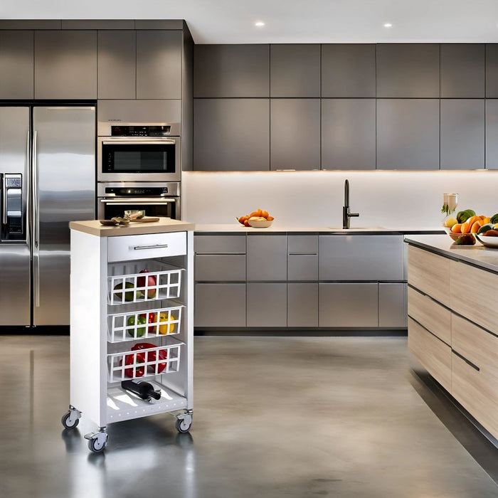 Carrello da cucina KARA bianco con cassetto, 3 cestelli e ripiano effetto legno