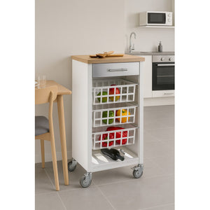 Carrello da cucina KARA bianco con cassetto, 3 cestelli e ripiano effetto legno