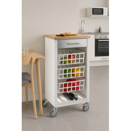 Carrello da cucina KARA bianco con cassetto, 3 cestelli e ripiano effetto legno