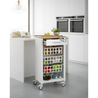 Carrello da cucina KARA bianco con cassetto, 3 cestelli e ripiano effetto legno
