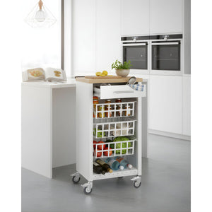 Carrello da cucina KARA bianco con cassetto, 3 cestelli e ripiano effetto legno