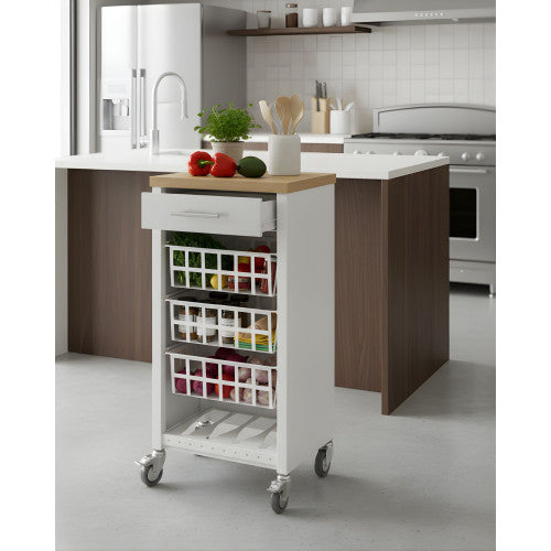 Carrello da cucina KARA bianco con cassetto, 3 cestelli e ripiano effetto legno