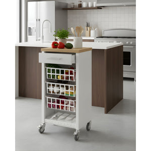 Carrello da cucina KARA bianco con cassetto, 3 cestelli e ripiano effetto legno