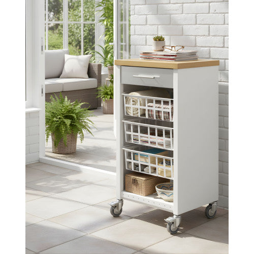 Carrello da cucina KARA bianco con cassetto, 3 cestelli e ripiano effetto legno