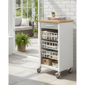 Carrello da cucina KARA bianco con cassetto, 3 cestelli e ripiano effetto legno