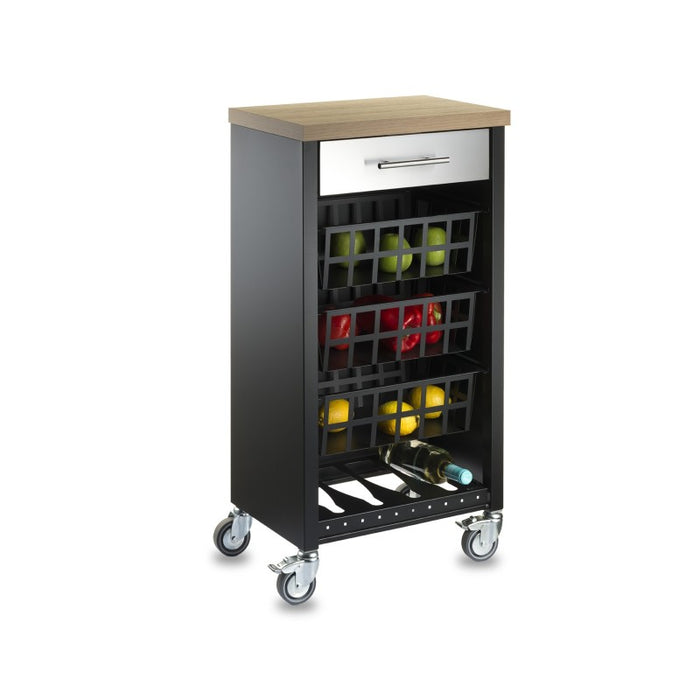 Carrello da cucina KARA nero con cassetto, 3 cestelli e ripiano effetto legno