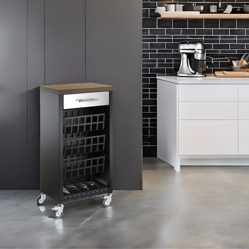 Carrello da cucina KARA nero con cassetto, 3 cestelli e ripiano effetto legno