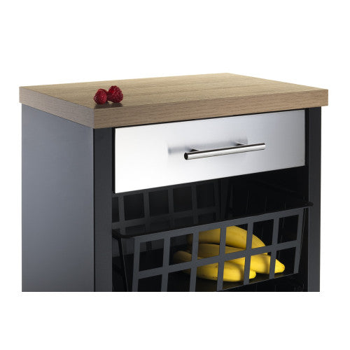 Carrello da cucina KARA nero con cassetto, 3 cestelli e ripiano effetto legno