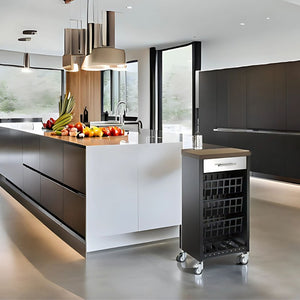 Carrello da cucina KARA nero con cassetto, 3 cestelli e ripiano effetto legno