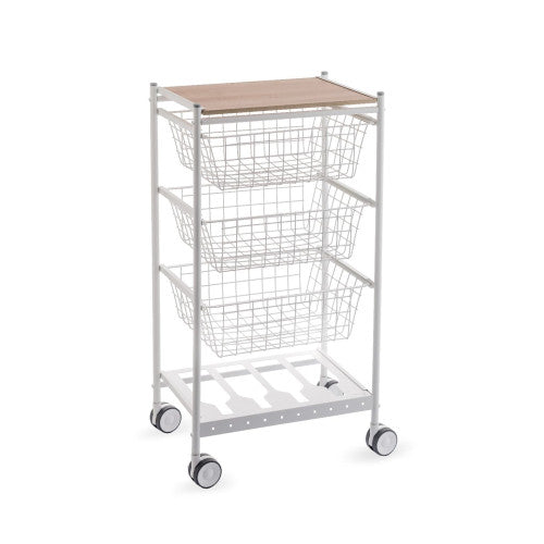 Carrello da cucina KARINA, 3 grandi cesti estraibili e portabottiglie, bianco-faggio