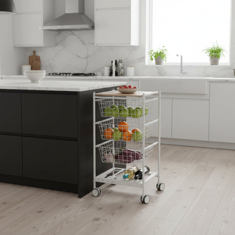 Carrello da cucina KARINA, 3 grandi cesti estraibili e portabottiglie, bianco-faggio