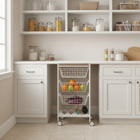 Carrello da cucina KARINA, 3 grandi cesti estraibili e portabottiglie, bianco-faggio