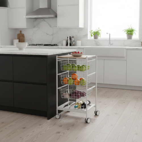 Carrello da cucina KARINA, 3 grandi cesti estraibili e portabottiglie, bianco-faggio