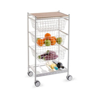 Carrello da cucina KARINA, 3 grandi cesti estraibili e portabottiglie, bianco-faggio