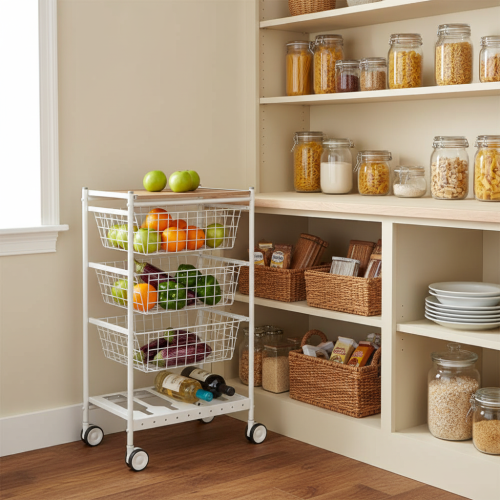 Carrello da cucina KARINA, 3 grandi cesti estraibili e portabottiglie, bianco-faggio