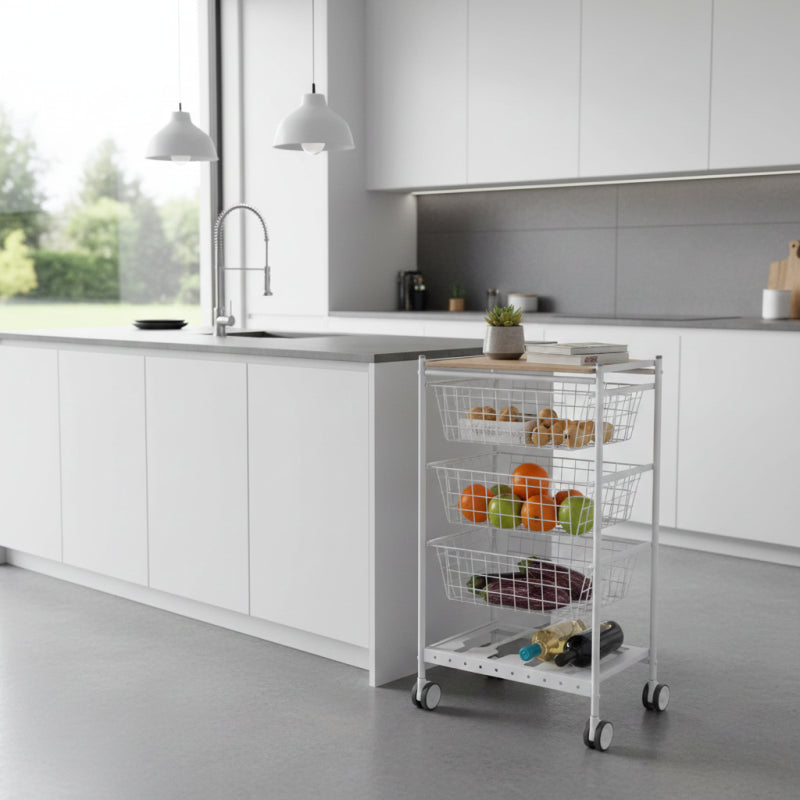 Carrello da cucina KARINA, 3 grandi cesti estraibili e portabottiglie, bianco-faggio