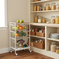 Carrello da cucina KARINA, 3 grandi cesti estraibili e portabottiglie, bianco-faggio