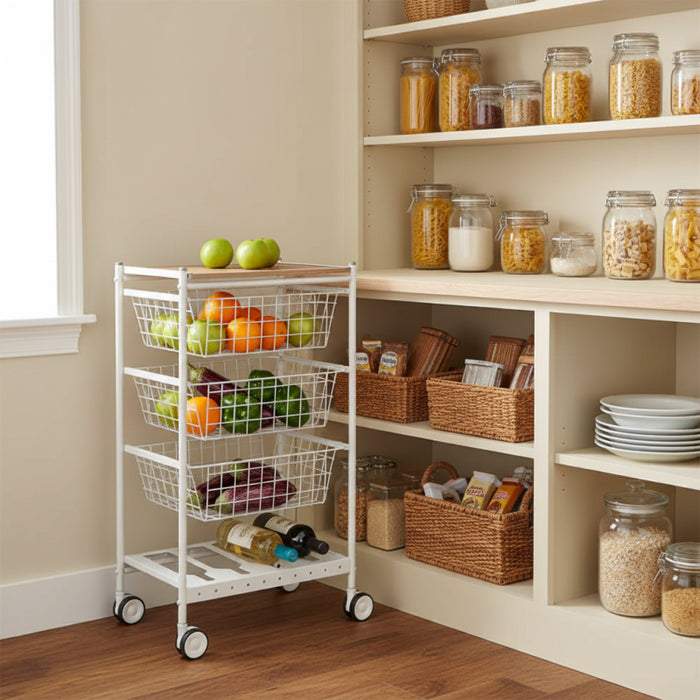 Carrello da cucina KARINA, 3 grandi cesti estraibili e portabottiglie, bianco-faggio