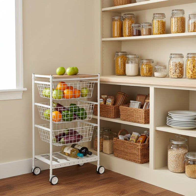 Carrello da cucina KARINA, 3 grandi cesti estraibili e portabottiglie, bianco-faggio