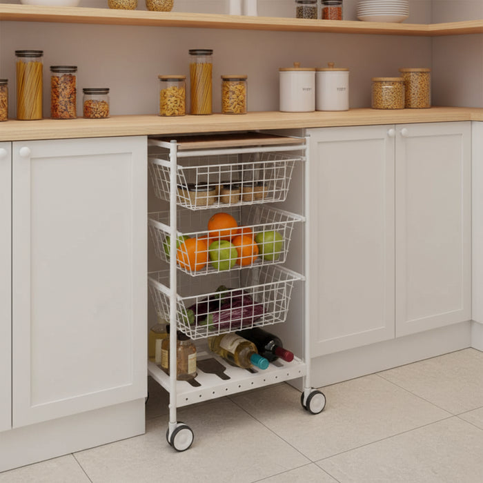 Carrello da cucina KARINA, 3 grandi cesti estraibili e portabottiglie, bianco-faggio