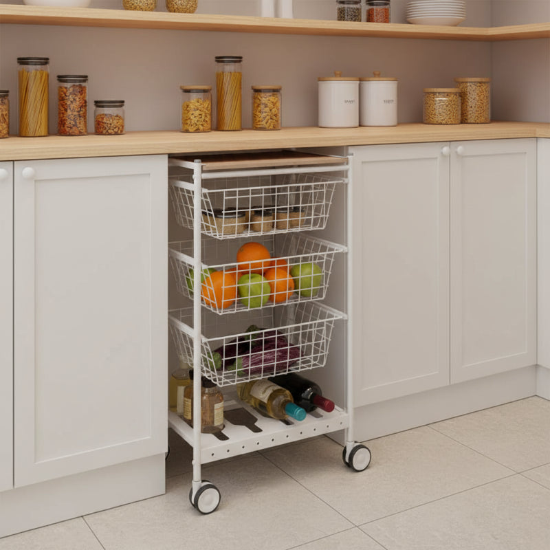 Carrello da cucina KARINA, 3 grandi cesti estraibili e portabottiglie, bianco-faggio